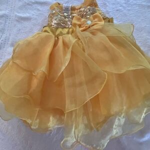 12 mo gold flowers & crystal embellished bow back tie back formal pageant dress